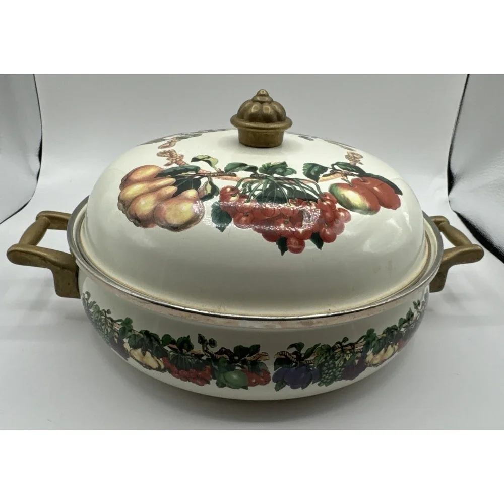 Vintage Kensington Garden Fruit 3.8 Qt. Vitroceramic Ceramic Dutch Oven Pot Lid